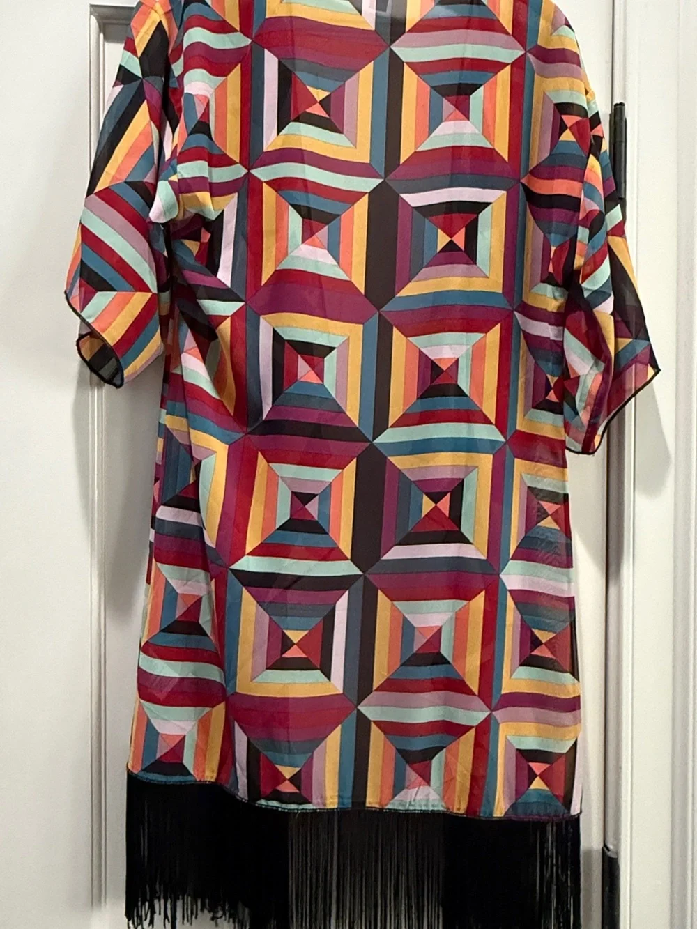 LuLaRoe Multicolor Geometric Stripe Fringed Kimono/Cover-up